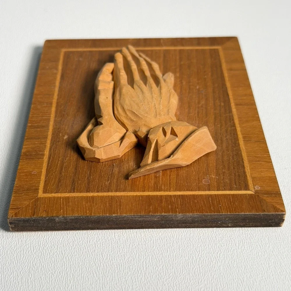 Vintage Praying Hands Wood Carving Wall Plaque Old World Religious 4x5